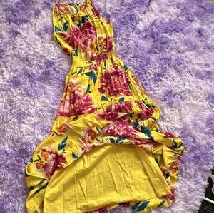 Allison Joy Yellow Floral Print Maxi Dress with Pink Trim